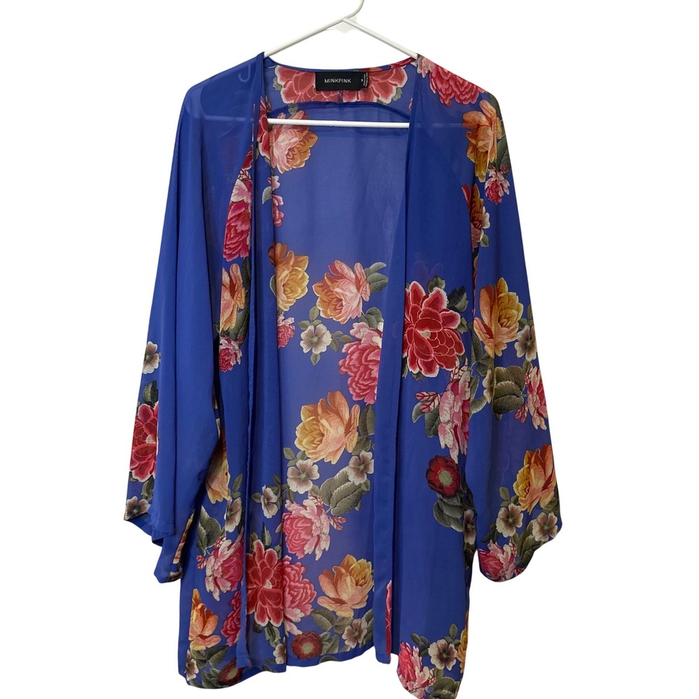 MINKPINK Kimono Cardigan Women M Blue Floral Sheer Chiffon Boho Open Front Layer